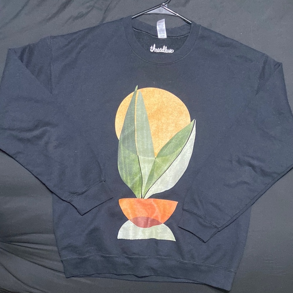 Threadless Black Sweater with Abstract Plant Design